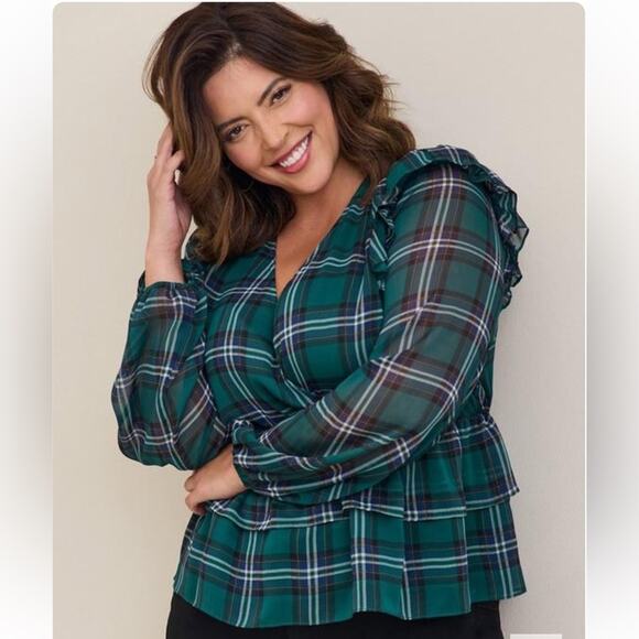 Torrid Ruffled Chiffon Green Plaid Peplum Blouse feminine academia, plus size - Picture 1 of 12